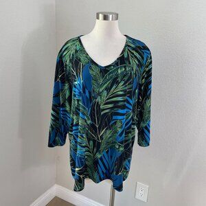 Susan Graver Womens Plus 3X Tropical Floral V Neck Stretch Tunic Top Blue Green